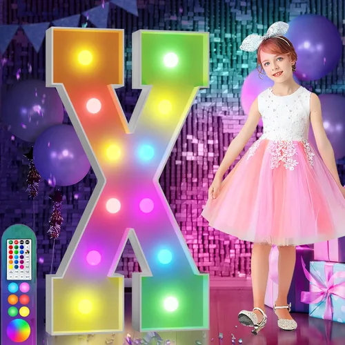 Vista 81 de Imprsv Letras coloridas de marquesina de 3 pies y letras grandes iluminadas RGB con control remoto, decoraciones de fiesta de cumpleaños Carta