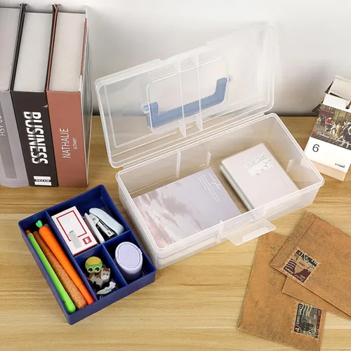 Vista 7 de BTSKY Caja de almacenamiento de plástico transparente con bandeja extraíble, caja de almacenamiento de artículos de papelería multiusos con asa Azul