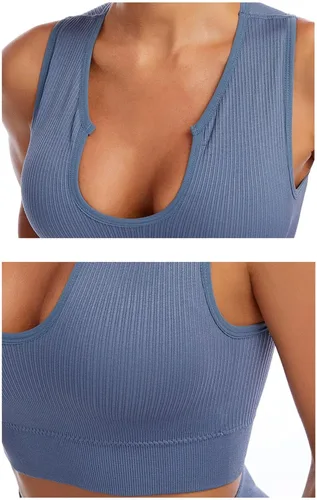 Vista 3 de Conjuntos de entrenamiento para mujer, 2 piezas, acanaladas, sin costuras, ombligueras, cintura alta, conjuntos de leggings de yoga, conjuntos