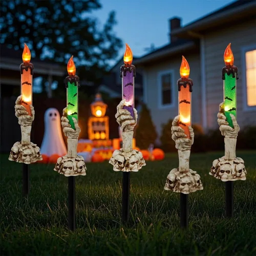 Vista 5 de WATERGLIDE Juego de 5 estacas de luz para velas de Halloween, diseño de manos de esqueleto, resistentes al agua, funciona