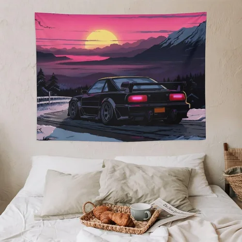 Vista 7 de QEOPGNE Tapiz de pared grande Jdm Anime Sunset Japanese Car S13, tapiz de pared para dormitorio, sala de estar, decoración estética, tapices de 30 x
