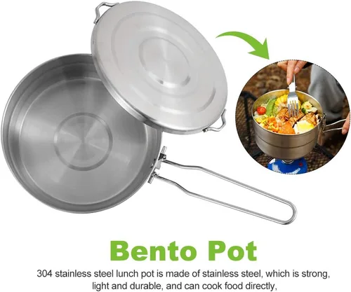 Vista 7 de DenpenTEC - Olla de acero inoxidable con tapa y mango plegable, olla Bento de gran capacidad de 1.5 L para acampar y senderismo