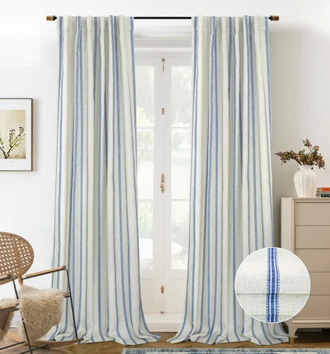 Vista 49 de DriftAway Cortinas opacas de mezcla de lino de granja de 90 pulgadas de largo para dormitorio, cortinas de lino con estampado de rayas verticales