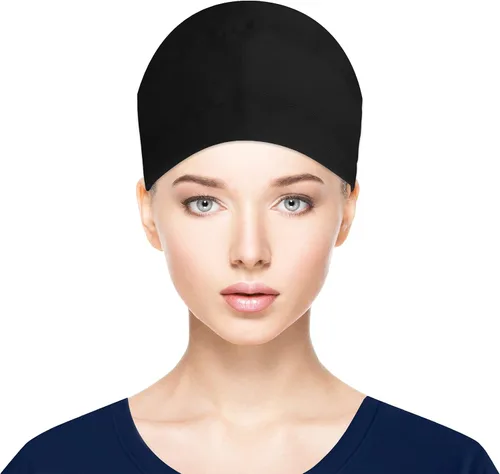 Vista 2 de Fesciory - Gorras de trabajo ajustables con botón y banda para el sudor, gorras con bolsa para cola de caballo para mujer, para cabello largo