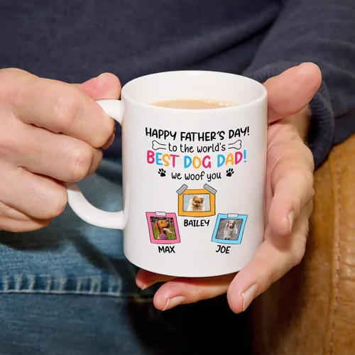 Vista 2 de Taza de café blanca personalizada con foto, con texto en inglés «To The World's Best Dog Dad We Woof You», taza de café blanca de 11 onzas y 15