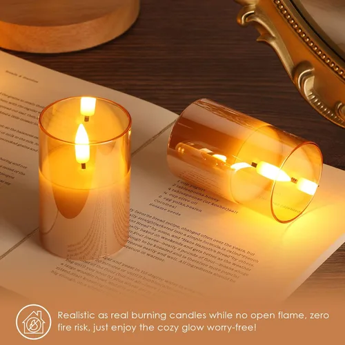 Vista 6 de Velas votivas sin llama de vidrio dorado con control remoto y temporizador, juego de 6 velas LED parpadeantes de cera real, pilar pequeño