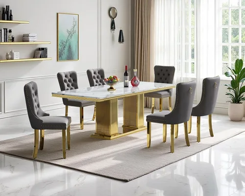 Vista 18 de Juego de mesa de comedor de mármol para 4, mesa de cocina rectangular de mármol negro de 68 pulgadas con base en H de acero inoxidable dorado, juego