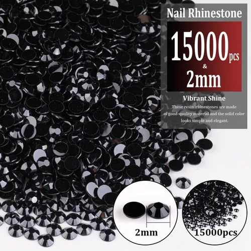 Vista 2 de 15000 diamantes de imitación de resina de 0.079 pulgadas a granel, diamantes de imitación de gelatina redondos negros con parte trasera plana, gemas