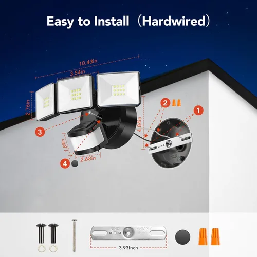 Vista 5 de OREiN Luz de inundación con sensor de movimiento al aire libre, luz de seguridad LED de 26W 3500LM, detección de 240° 40 pies, modos de anochecer a