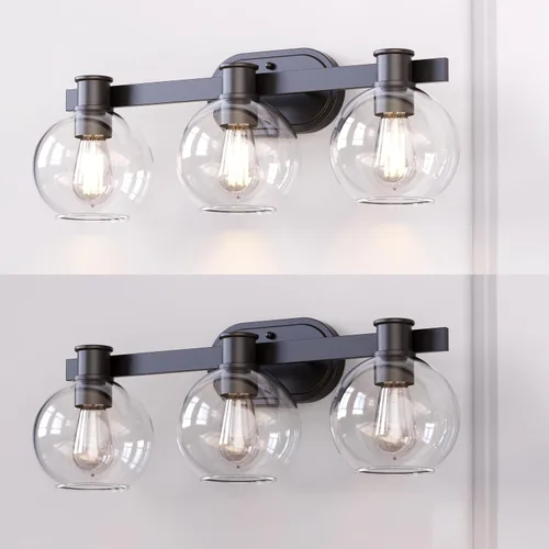 Vista 3 de Tawson Dan Modern Farmhouse - Lámpara de tocador de 3 luces industrial con pantalla de globo de vidrio transparente para dormitorio, pasillo