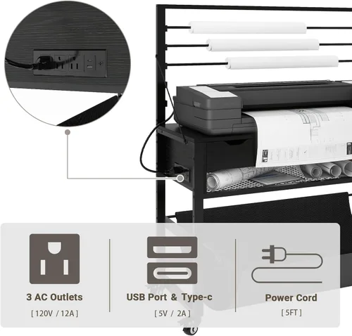 Vista 8 de Soporte para impresora de formato ancho Natwind, mesa de trabajo para plotter con almacenamiento extraíble para planos, soporte para papel en rollo
