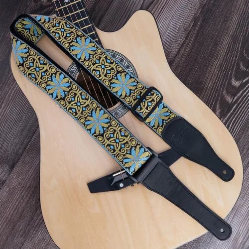 Vista 5 de Correa de guitarra, correas de algodón bordado jacquard con extremos de cuero genuino correa de hombro para bajo, acústico, guitarra eléctrica