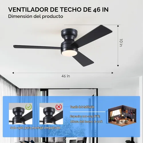 Vista 2 de Asyko Ventiladores de Techo con Luces, Ventilador de Techo de Perfil Bajo de 46" con Luz y Control Remoto, Montaje al Ras, Reversible, Regulable