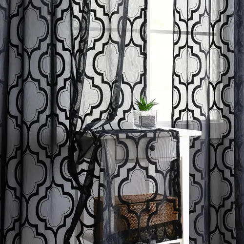 Vista 4 de Cortinas traslúcidas de encaje negro para sala de estar, dormitorio, 63 pulgadas de largo, juego de tratamiento geométrico para ventana, diseño