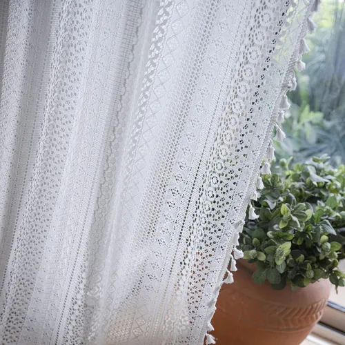 Vista 13 de Deeprove - Cortinas bohemias de 63 pulgadas de largo para dormitorio, rayas de lunares de punto hueco beige y patchwork de algodón y lino crema