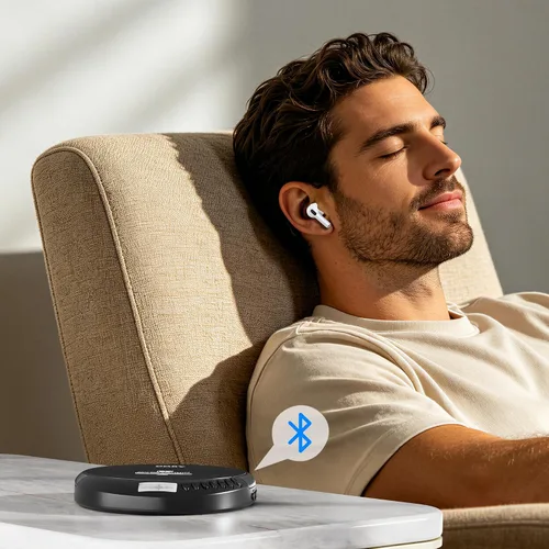 Vista 4 de Coby Reproductor de CD Bluetooth portátil con radio FM y auriculares, disco recargable anti-salto con reproducción de MP3, entrada AUX, súper bajo