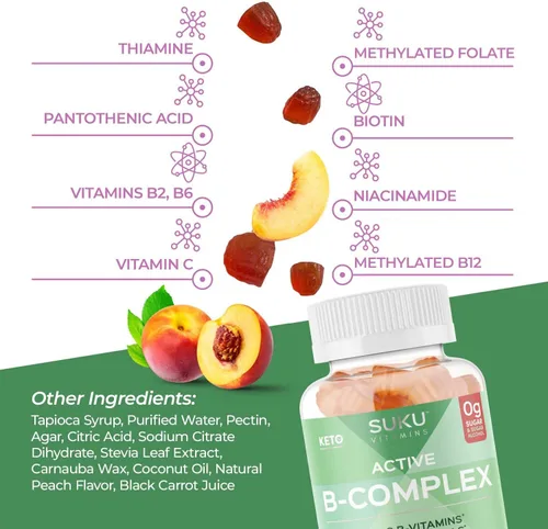 Vista 5 de SUKU - Gomitas de complejo de vitamina B con vitamina C – Suplemento de gomitas de complejo vegano de 8 vitaminas B sin azúcar aumenta el desarrollo