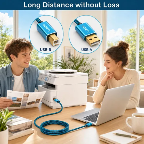 Vista 7 de Cable de impresora USB de 6 pies, cable USB 2.0 trenzado de nailon tipo A a B macho con conectores chapados en oro, cable escáner de transferencia