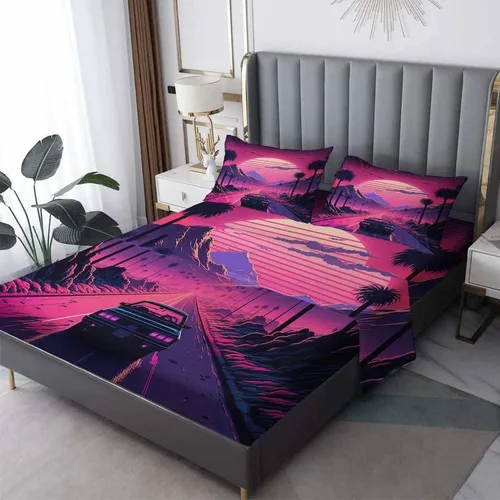 Vista 8 de Vaporwave Sheets - Juego de sábanas de tamaño individual, sábanas de cama de montaña neón y puesta de sol, microfibra suave con bolsillo profundo