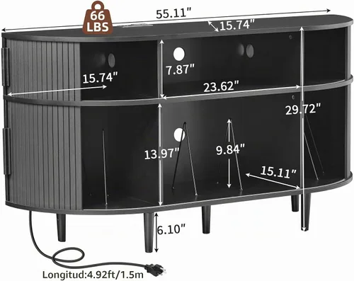 Vista 2 de Soporte grande para tocadiscos, gabinete de almacenamiento de discos de vinilo de madera de 55 pulgadas con estación de carga y puertos USB, mesa
