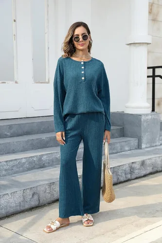 Vista 4 de Conjunto de 2 piezas para mujer, sudadera de gran tamaño con botones y pantalones de descanso a juego