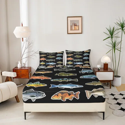 Vista 2 de Erosebridal Fishing Fitted Sheet Twin for Boys, Big Pike Fish Black Bed Sheets for Rustic Farmhouse Lake House Decor, Fishing Bedding Set Marine