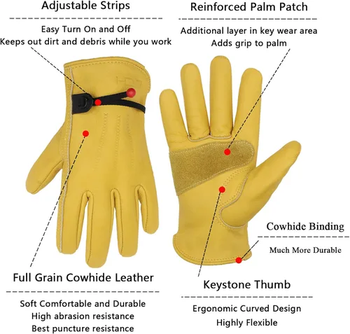 Vista 6 de HANDLANDY HLDD Leather Work Gloves for Men & Women, Adjustable Wrist Cowhide Gardening Glove with Reinforced Palm for Driver