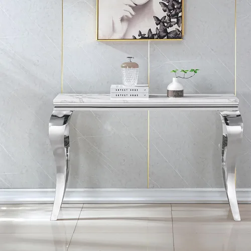 Vista 7 de Mesa consola moderna de cristal, mesa de sofá dorada de 55 pulgadas con marco de metal resistente y parte superior de vidrio templado negro