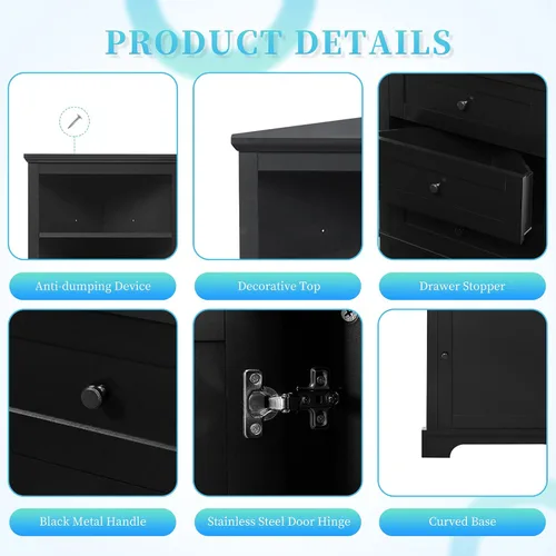 Vista 6 de Armario de almacenamiento para baño, gabinetes de almacenamiento triangulares con 3 cajones y estante ajustable, armario de esquina alto para baño
