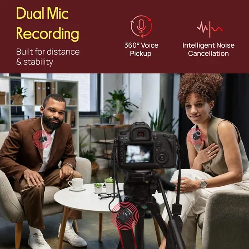 Vista 4 de Pyle Sistema de micrófono inalámbrico Lavalier, micrófono con clip con cancelación de ruido, batería 7H, audio de 360°, funda de carga USB-C