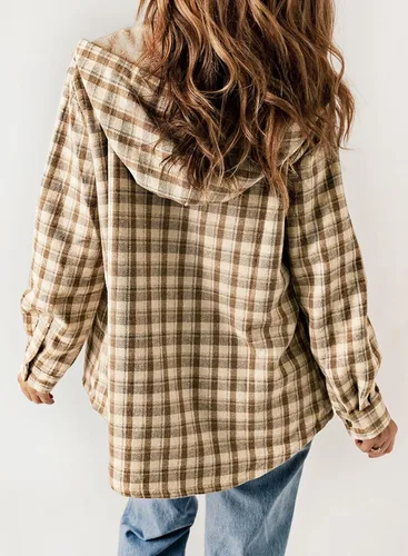 Vista 3 de Dokotoo - Chaqueta para mujer, manga larga, con botones y capucha, de vellón, cálida, a cuadros