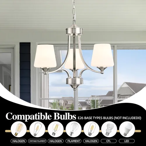 Vista 2 de Lámpara de comedor de níquel cepillado, moderna lámpara plateada con vidrio esmerilado, 3 luces de metal para isla de cocina, lámparas colgantes E26