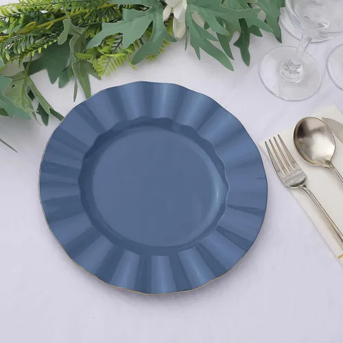 Vista 22 de Tableclothsfactory Paquete de 10 platos redondos de plástico negro de 6 pulgadas para ensalada de postre, platos desechables con borde ondulado