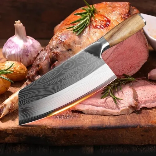 Vista 4 de Cuchillo de carnicero de carne, cuchillo de cocina de 7.5 pulgadas con patrón láser de damasco, cuchillo de chef chino de acero inoxidable, cuchillo