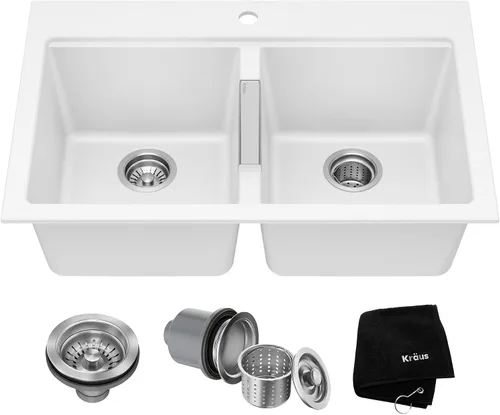 Vista 4 de KRAUS Quarza - Fregadero de cocina de granito de instalación empotrada/sobre encimera de un solo seno de 24 pulgadas, color negro ónix, KGD-410B