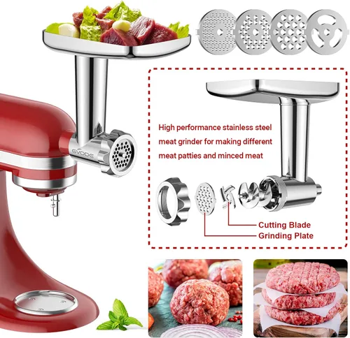 Vista 3 de Accesorios de acero inoxidable para molinillo de alimentos para batidoras de pie KitchenAid, incluyendo relleno de salchichas, acero inoxidable