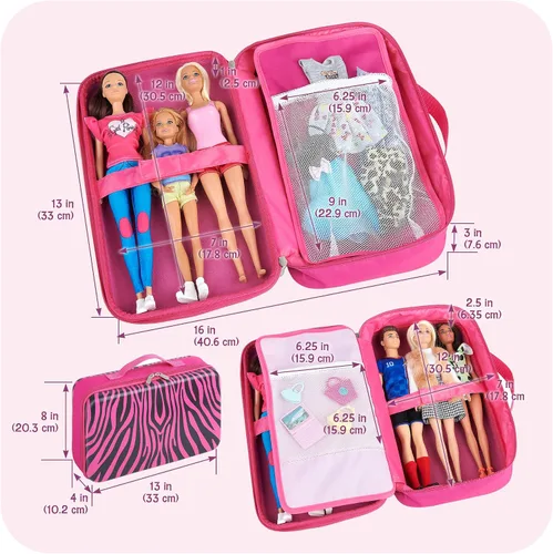 Vista 4 de Badger Basket Elegante estuche de viaje para muñecas de moda de 12 pulgadas, solución de almacenamiento con bolsillos para accesorios de muñeca, lo