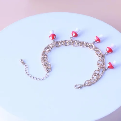 Vista 4 de Rrdaily Tobillera de doble capa con forma de hongo, bonita pulsera de hongo rojo, pulsera combinada para mujeres y niñas, Sin gemas.