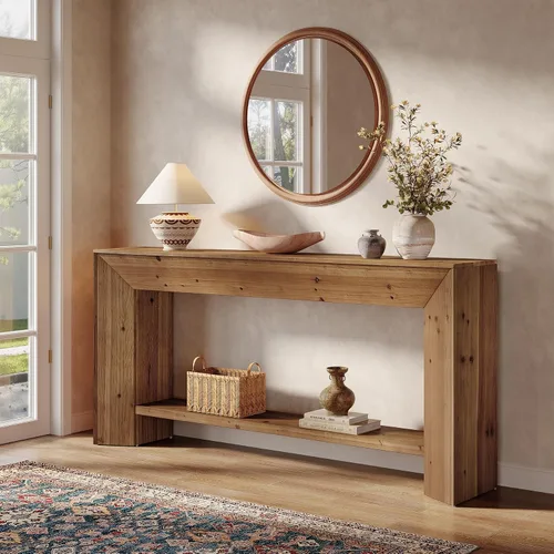 Vista 2 de Mesa consola de madera maciza, mesa de entrada de 63 pulgadas con almacenamiento, mesa de sofá de madera larga de 2 niveles detrás del sofá