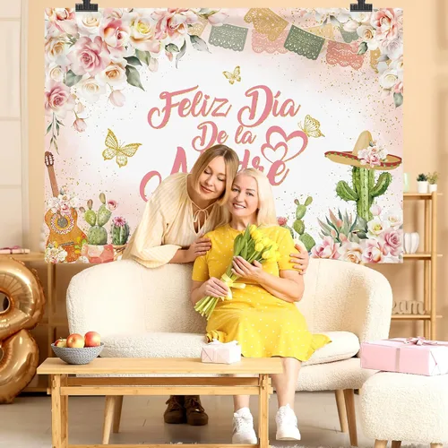 Vista 3 de MEHOFOND Fondo de feliz día de la madre, decoración mexicana para el Día de la Madre, fondo floral rosa para cabina de fotos, cartel de fiesta