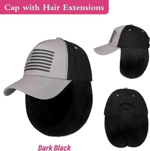 Vista 3 de AynnQueen Pelucas de gorra de béisbol con bandera estadounidense con extensiones de pelo corto estilo Bob para mujer