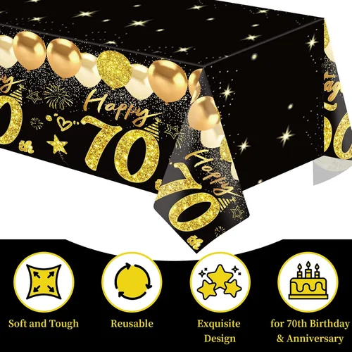 Vista 22 de Uiorgui 2 piezas mantel de cumpleaños número 18, mantel de cumpleaños número 18 negro dorado para niños y niñas, mantel de plástico rectangular