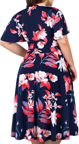 Vista 3 de kissmay - Vestidos de cóctel florales con cuello en V para mujer, talla extragrande, con bolsillo