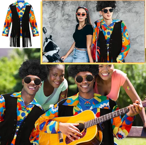 Vista 4 de Juego de 14 piezas de disfraz hippie de los años 60 y 70 para hombre, chaleco hippie, camisa de teñido anudado, peluca afro, collar de signo
