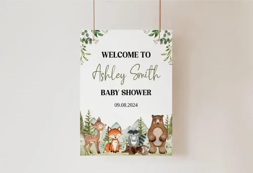 Vista 29 de Cartel de bienvenida de baby shower, cartel de bienvenida editable con texto en inglés "It's a Girl Woodland", letrero de bienvenida de baby shower