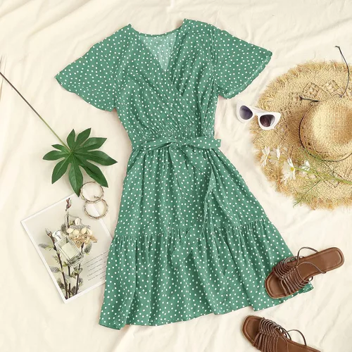 Vista 6 de ZESICA - Vestido corto con cuello en V cruzado para mujer, estampado floral bohemio, con vuelos, acampanado, vestido de verano 2024 para la playa