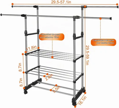 Vista 5 de Perchero de doble barra para colgar ropa, estante portátil para armario de carga máxima de 77 libras, perchero de metal resistente para dormitorio