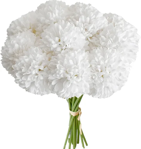 Vista 35 de Mandy's 6 tallos de seda beige Kiku flores de bola Tallos artificiales de crisantemo para decoración del hogar, verano, arreglo floral sintético