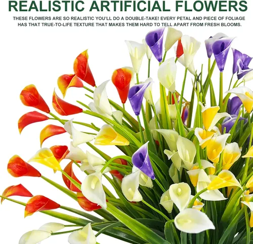 Vista 3 de TURNMEON 12 paquetes de flores artificiales de lirio de cala (240 cabezas), plantas falsas para exteriores, plantas falsas resistentes a los rayos