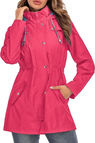 Vista 22 de Kikibell Chaqueta de lluvia para mujer con capucha, con forro a rayas, ligera, impermeable para exteriores, cortavientos Verde militar